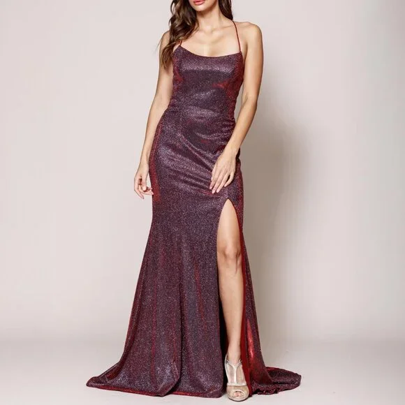 knee length dresses for ladies Zapaka Women Sparkly Metallic Burgundy Homecoming Dress Spaghetti Straps Tight Ruched Short Prom Dress, Burgundy / US14 main image 1